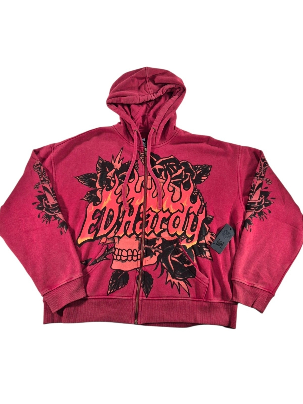 Ed Hardy Women's L Mineral Red Skull Flame Zip Hoodie Y2K Tattoo Graphic NWT